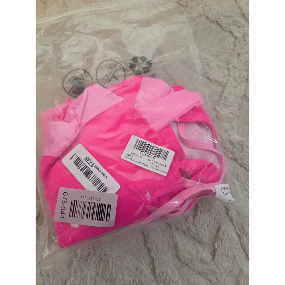 Donwen Girls Hot Pink Ruched One Piece Swimsuit Halter Neck Size 13-14Y NEW